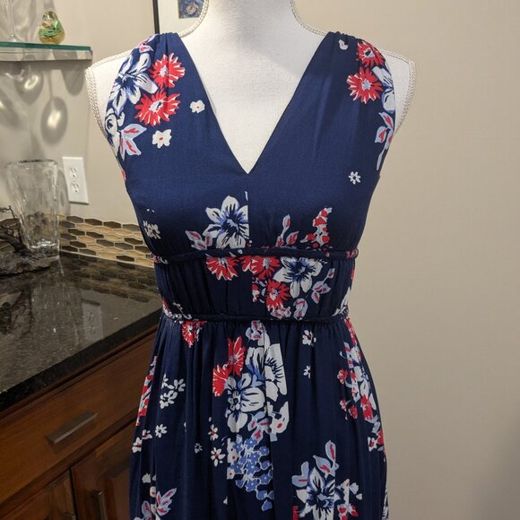 Japna Size Small Navy Floral Maxi Dress - V-Neck Smocked Waist & Button-Back - Picture 4 of 8